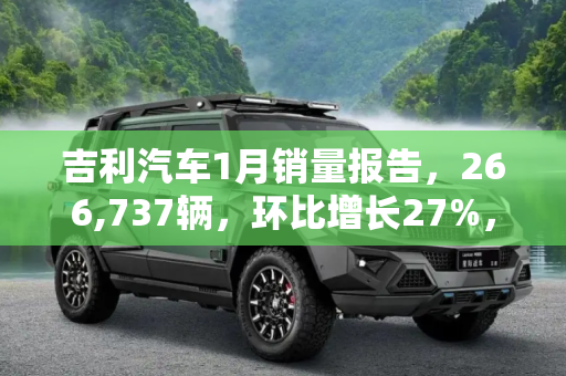 吉利汽车1月销量报告，266,737辆，环比增长27%，展现强劲市场势头,吉利汽车公布1月份销量成绩，共计266737辆，环比增长约27%！